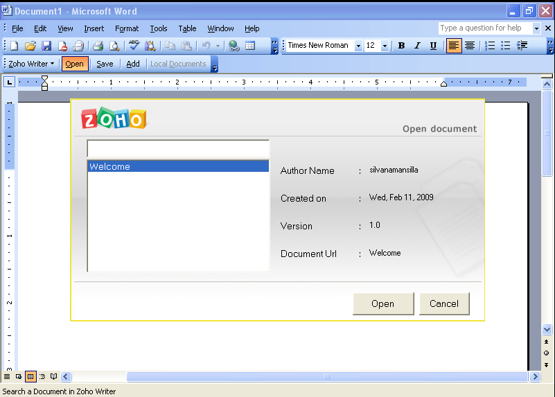 Zoho Plug-in for Microsoft Office 11.0 : Open