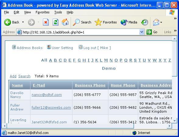 Easy Address Book Web Server 1.2 : Main Window