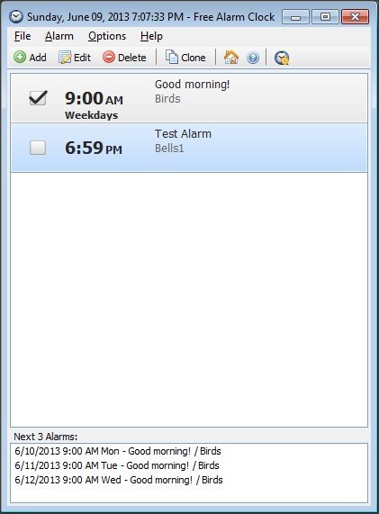 Free Alarm Clock 2.7 : Main Window