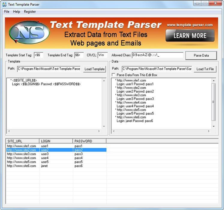 Text Template Parser 2.3 : Main Window