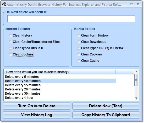 Automatically Delete Browser History For Internet Explorer and Firefox Software 7.0 : Main Window
