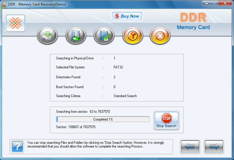 DDR Memory Card Recovery 4.0 : Searching Window