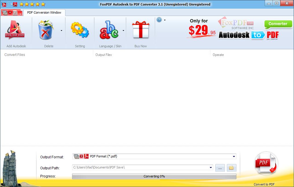 FoxPDF Autodesk to PDF Converter 3.1 : Main Window