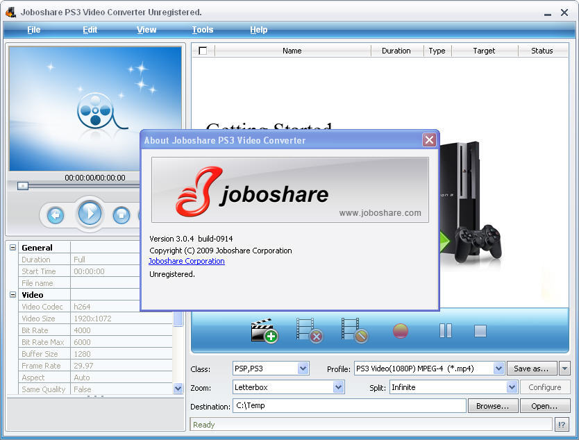 Joboshare PS3 Video Converter 3.0 : Main window
