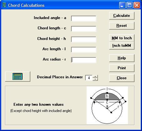 Machinist's Calculator 5.0 : Chord Calculations Window