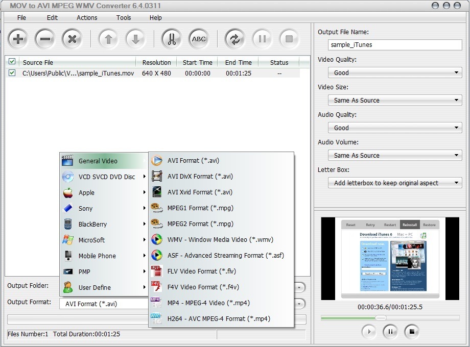 MOV to AVI MPEG WMV Converter 6.4 : File and Format Selection