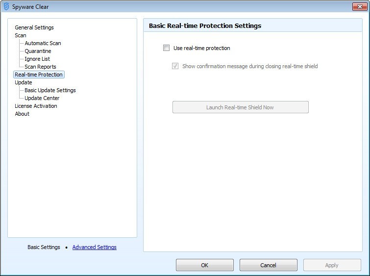 Spyware Clear 1.3 : Real Time Protection Settings