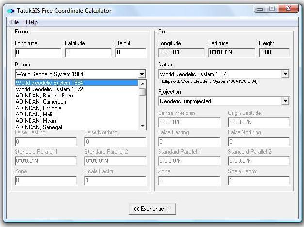 TatukGIS Free Coordinate Calculator 1.2 : Datum Selection