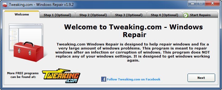 Tweaking.com - Windows Repair (All in One) 1.9 : Main Window