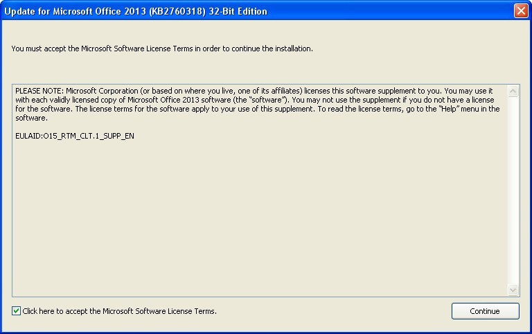 Update for Microsoft Office 2013 (KB2760318) 32-Bit Edition 1.0 : Installation Window