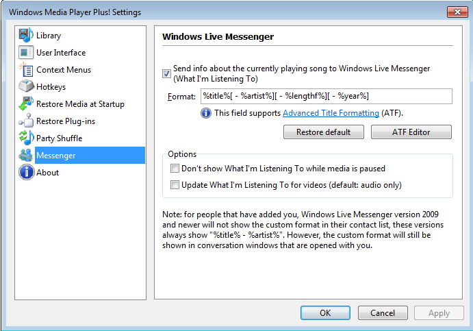 Windows Media Player Plus! 2.6 : Windows Live Messenger Settings