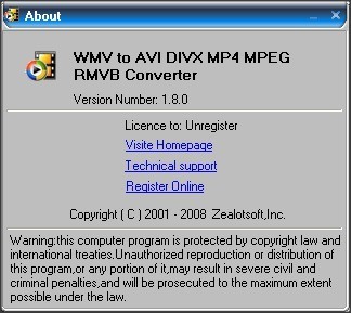 WMV to AVI DIVX MP4 MPEG RMVB Converter 1.8 : About Window