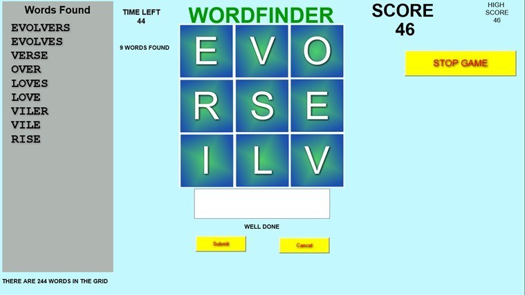 WordFinder for Windows 8 0.0 : Main Game Screen