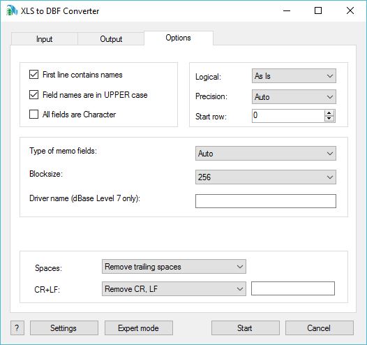 XLS to DBF Converter 3.4 : Options Window