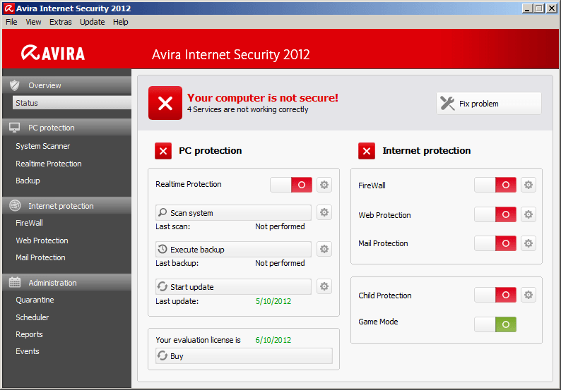 Avira Internet Security 12.1 : main screen