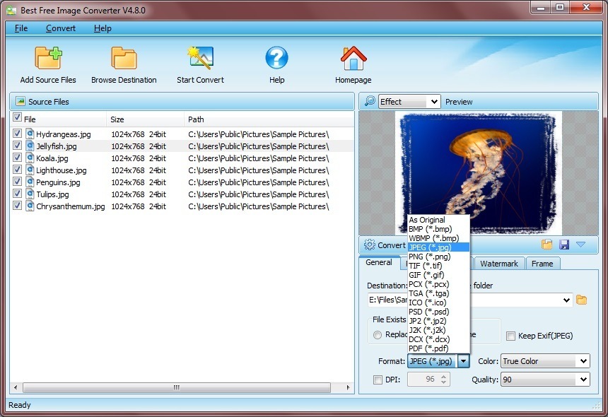 Best Free Image Converter 4.8 : Output Formt Selection