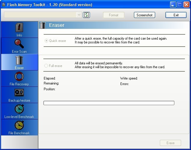Flash Memory Toolkit 1.2 : Eraser window