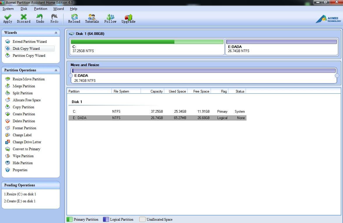 Partition Assistant Home Edition 4.0 : Main window
