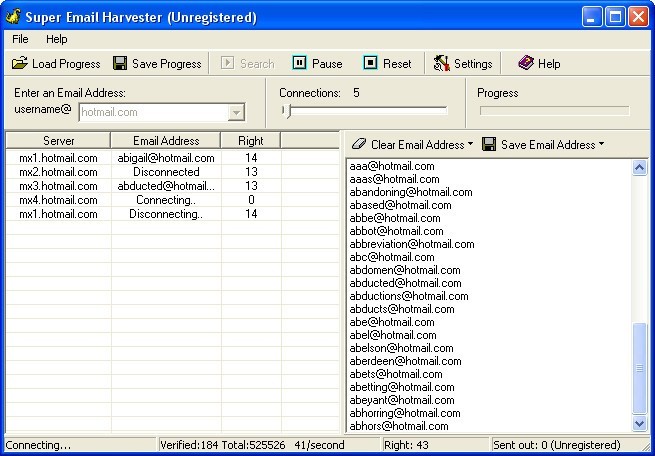 Super Email Harvester 7.0 : Main Window