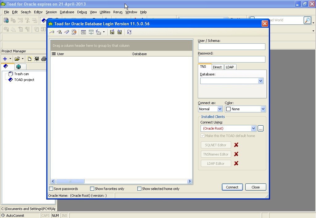 Toad for Oracle Freeware 11.5 : Main window