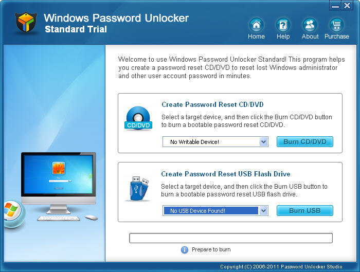Windows Password Unlocker Standard 5.3 : Main window