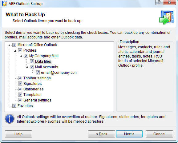 ABF Outlook Backup 3.2 : Main window
