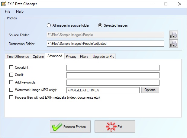 EXIF Date Changer 3.8 : Advanced Settings