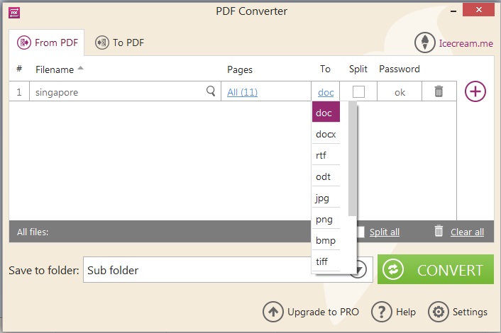 Icecream PDF Converter 2.4 : Output Format Selection