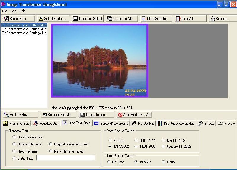 Image Transformer 1.2 : Filename and date