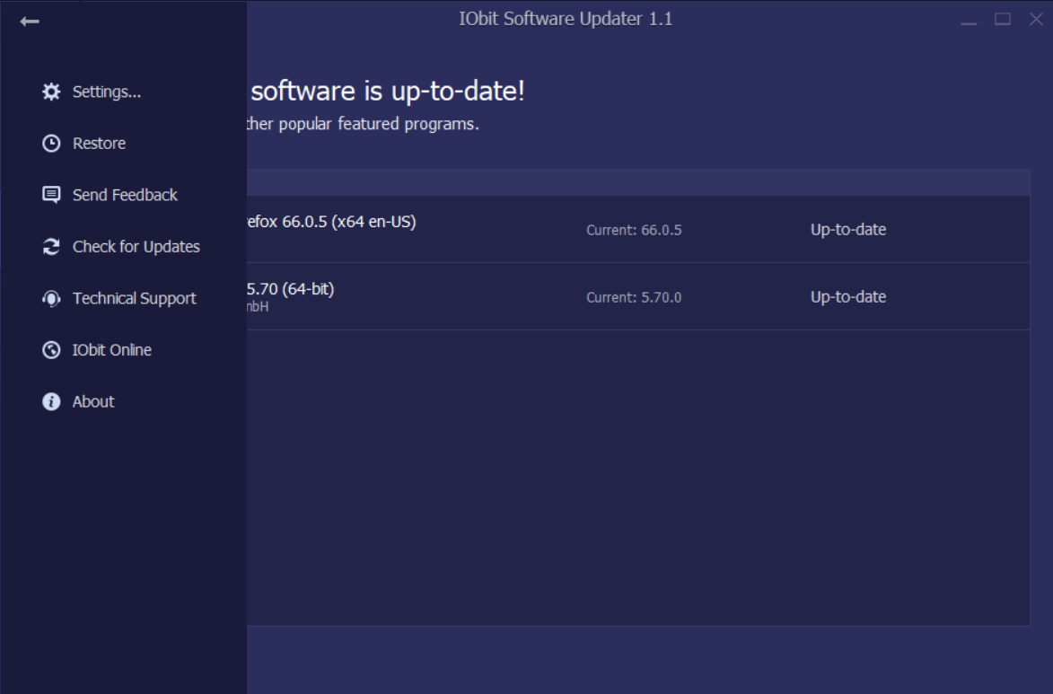 IObit Software Updater 1.1 : Main menu