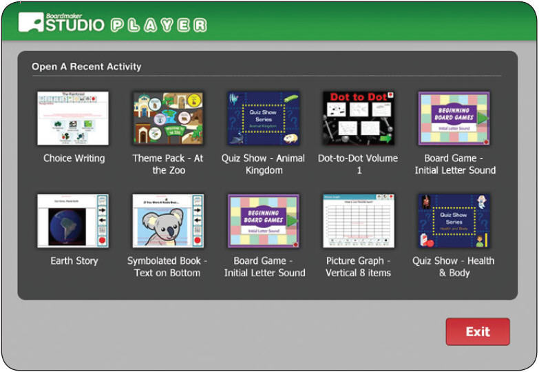 Mayer-Johnson Boardmaker Studio Player 1.1 : Recent activity screen