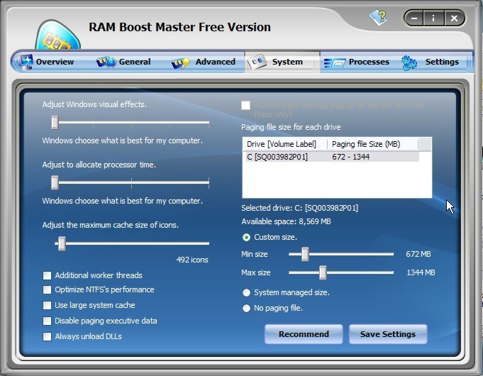 RAM Boost Master 6.1 : System tab