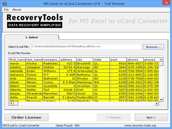RecoveryTools Excel to vCard Converter 2.0 : Main Window