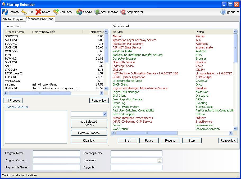 Startup Defender 1.9 : Process monitor