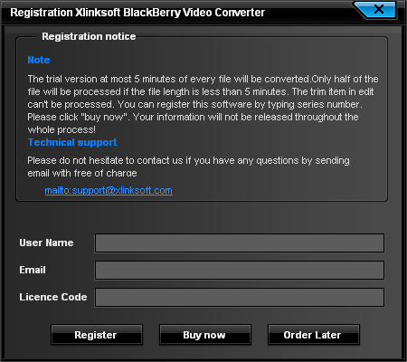 Xlinksoft BlackBerry Video Converter 2011.0 : Registration Window