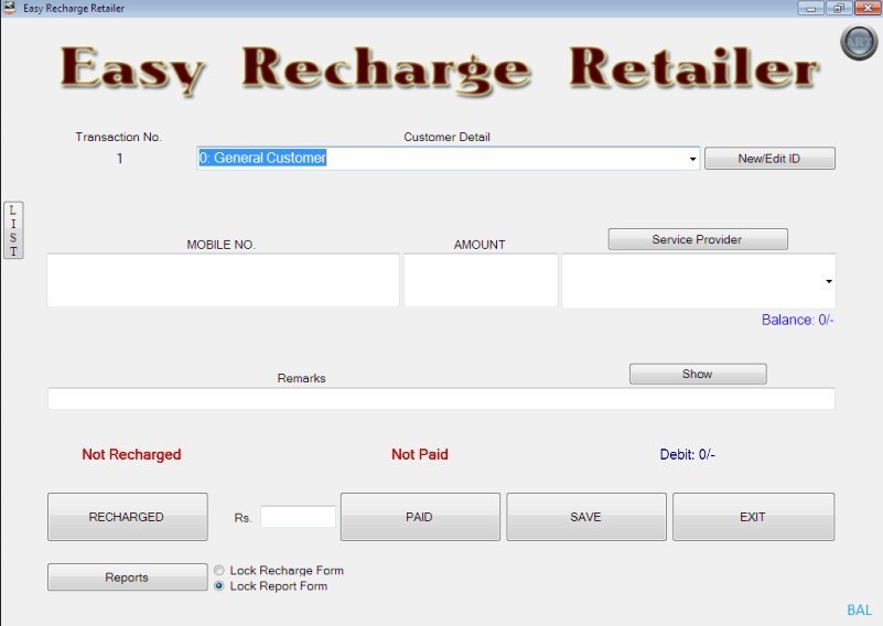 Easy Recharge Retailer 2.3 : Main Window