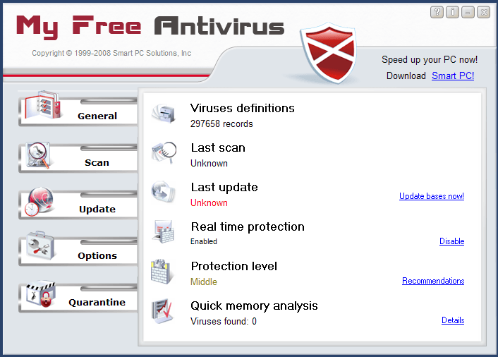 My Free Antivirus 2.0 : Main Window.