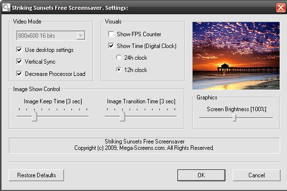 Striking Sunsets Free Screensaver : Control panel