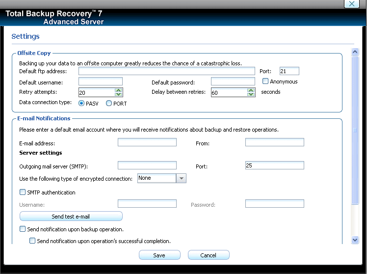 Total Backup Recovery Advanced Server 7.1 : Settings Window