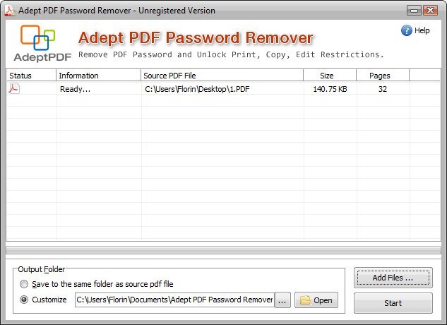 Adept PDF Password Remover 3.5 : Main Window