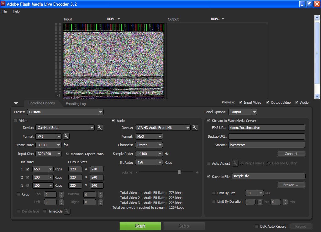 Adobe® Flash® Media Live Encoder 3.2 : Main Screen