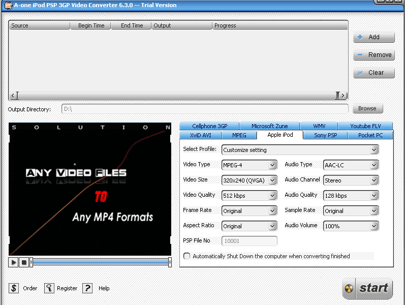 A-one iPod PSP 3GP Video Converter : General view