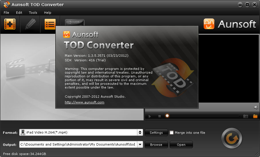 Aunsoft TOD Converter 1.3 : Main Window