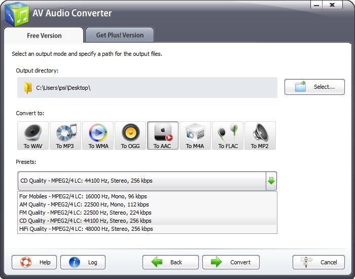 AV Audio Converter 7.2 : Selecting Output Format