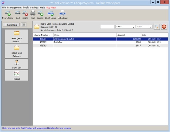 ChequeSystem Cheque Printing Software 3.4 : Main Window