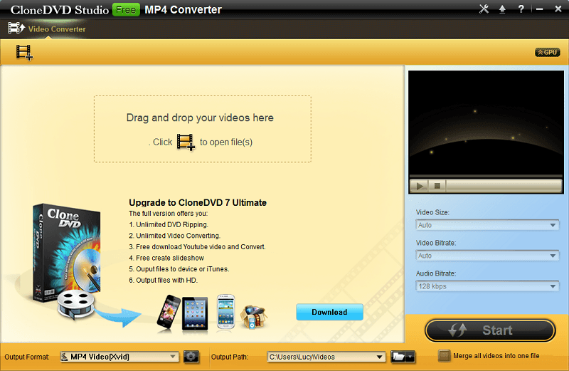 CloneDVD Studio Free MP4 Converter 1.0 : Main Window