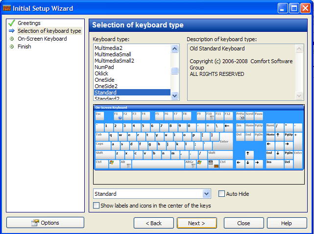 Comfort On-Screen Keyboard Pro 3.1 : Selection of keyboard type.