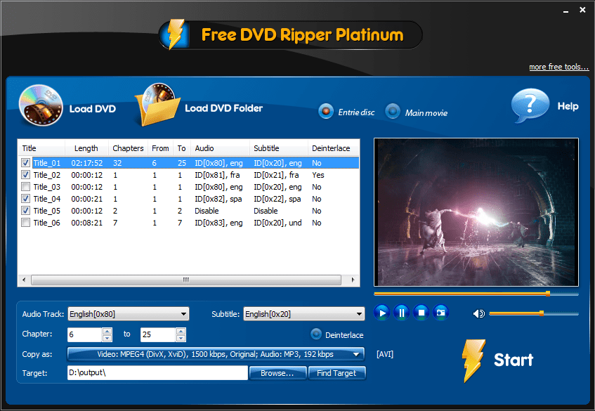 Free DVD Ripper Platinum 8.7 : Main window