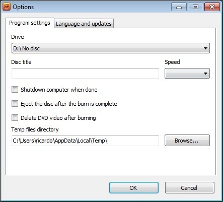 Free DVD Video Burner 3.2 : Options Window - Program Settings Tab