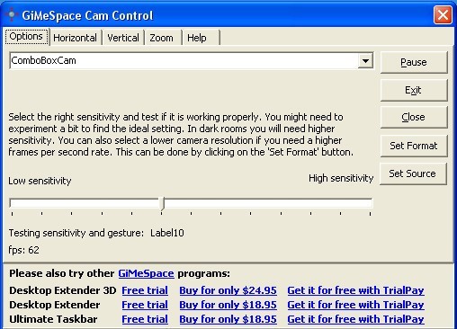 GiMeSpace Cam Control 1.0 : Options Window